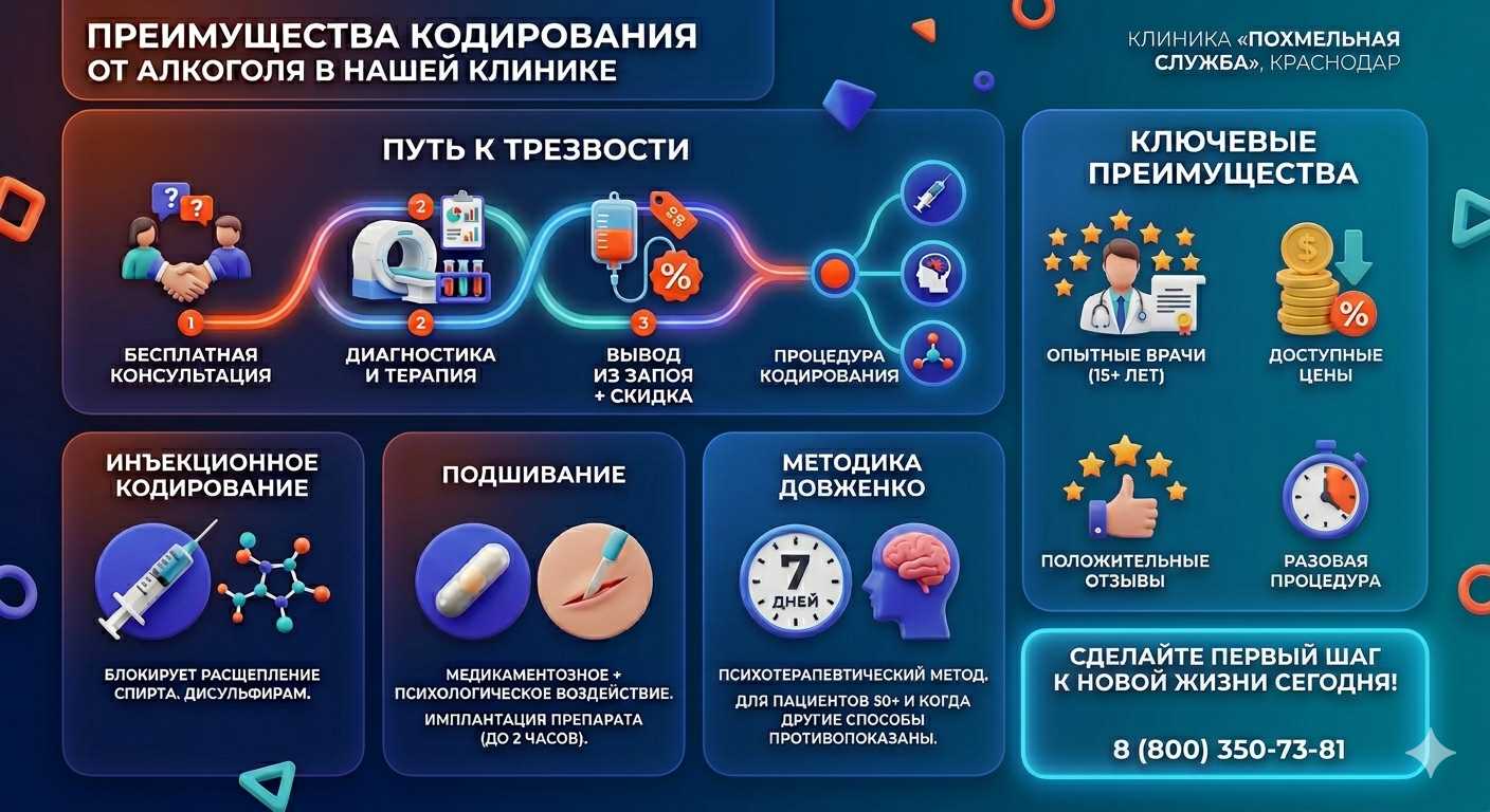 Инфографика о методах кодирования от алкоголя в Переясловской: инъекции, подшивание, метод Довженко. Преимущества клиники и этапы лечения.