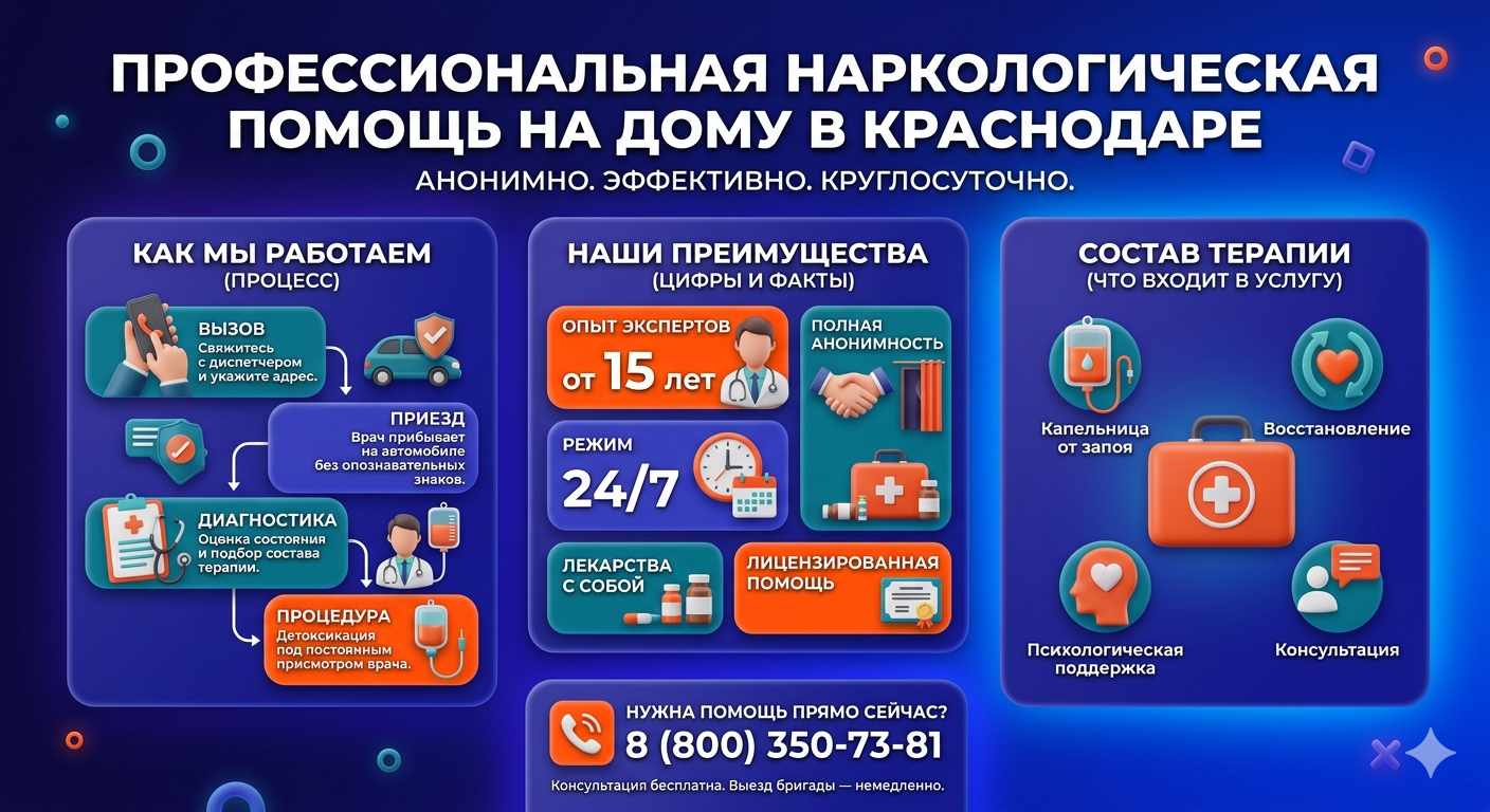 Инфографика о принципах лечения алкоголизма на дому в Переясловской: этапы вызова нарколога, преимущества анонимной детоксикации и состав медицинской помощи.